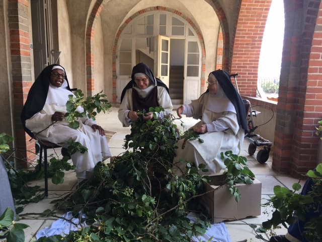 Trois sœurs préparent les branches de tilleul dans le cloître